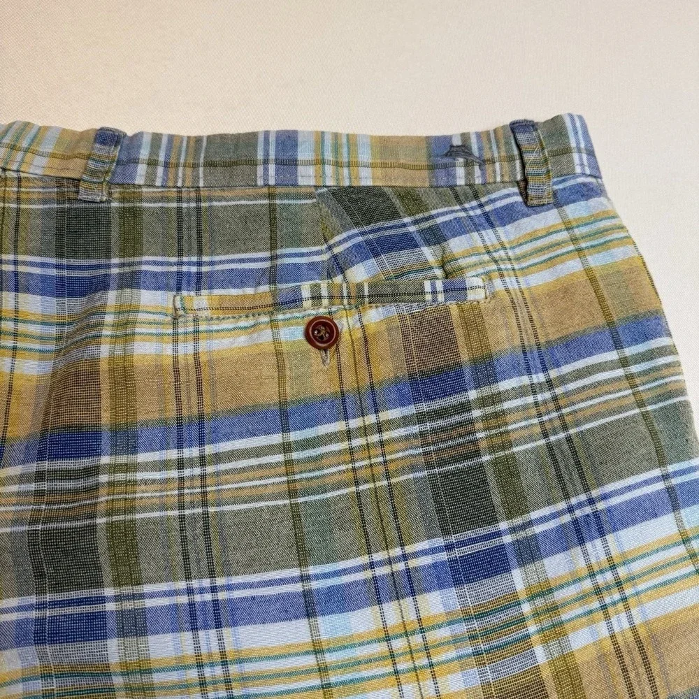 Tommy Bahama Men Blue Brown Plaid Linen Blend Casual Golf Summer Beach‎ Sz 42